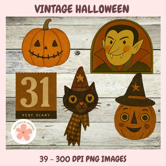 Vintage Halloween-themed illustrations on a wooden background with 'Very Scary' text.