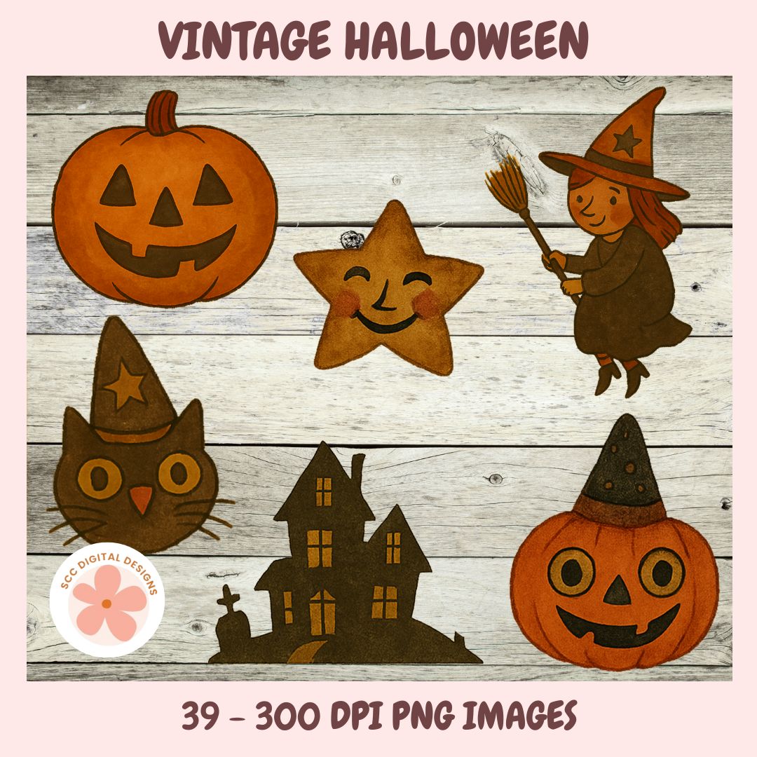 Vintage Halloween-themed illustrations including pumpkins, a witch, an owl, a star, and a haunted house on a wooden background.