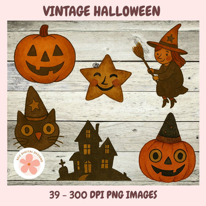 Vintage Halloween-themed illustrations including pumpkins, a witch, an owl, a star, and a haunted house on a wooden background.