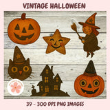 Vintage Halloween-themed illustrations including pumpkins, a witch, an owl, a star, and a haunted house on a wooden background.