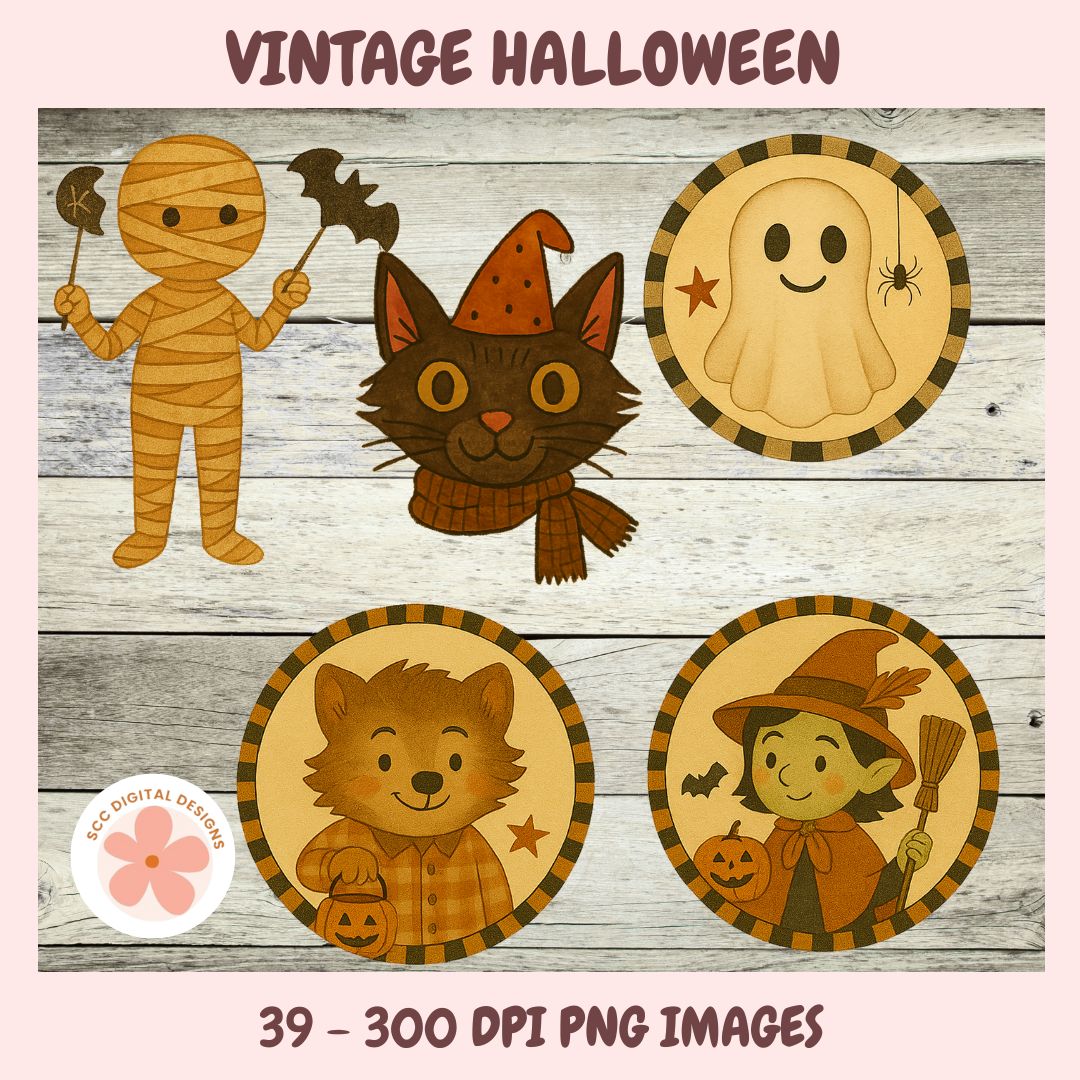 Vintage Halloween illustrations of a mummy, cat, ghost, werewolf, and witch on a wooden background.