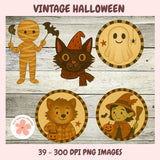 Vintage Halloween illustrations of a mummy, cat, ghost, werewolf, and witch on a wooden background.