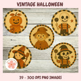 Set of vintage-style Halloween illustrations on a wooden background with 'Vintage Halloween' text at the top.