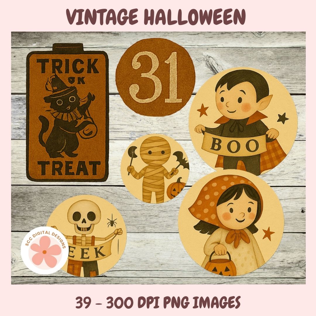 Vintage Halloween-themed illustrations on a wooden background with text 'Trick or Treat' and 'Boo'.