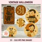 Vintage Halloween-themed illustrations on a wooden background with text 'Trick or Treat' and 'Boo'.