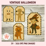 Vintage Halloween-themed tags featuring ghost, mummy, pumpkin, and witch on a wooden background.