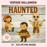 Vintage Halloween illustration with children and skeleton on a wooden background