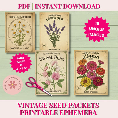 Vintage seed packet designs with flowers on a wooden background, featuring text about instant download and unique images.