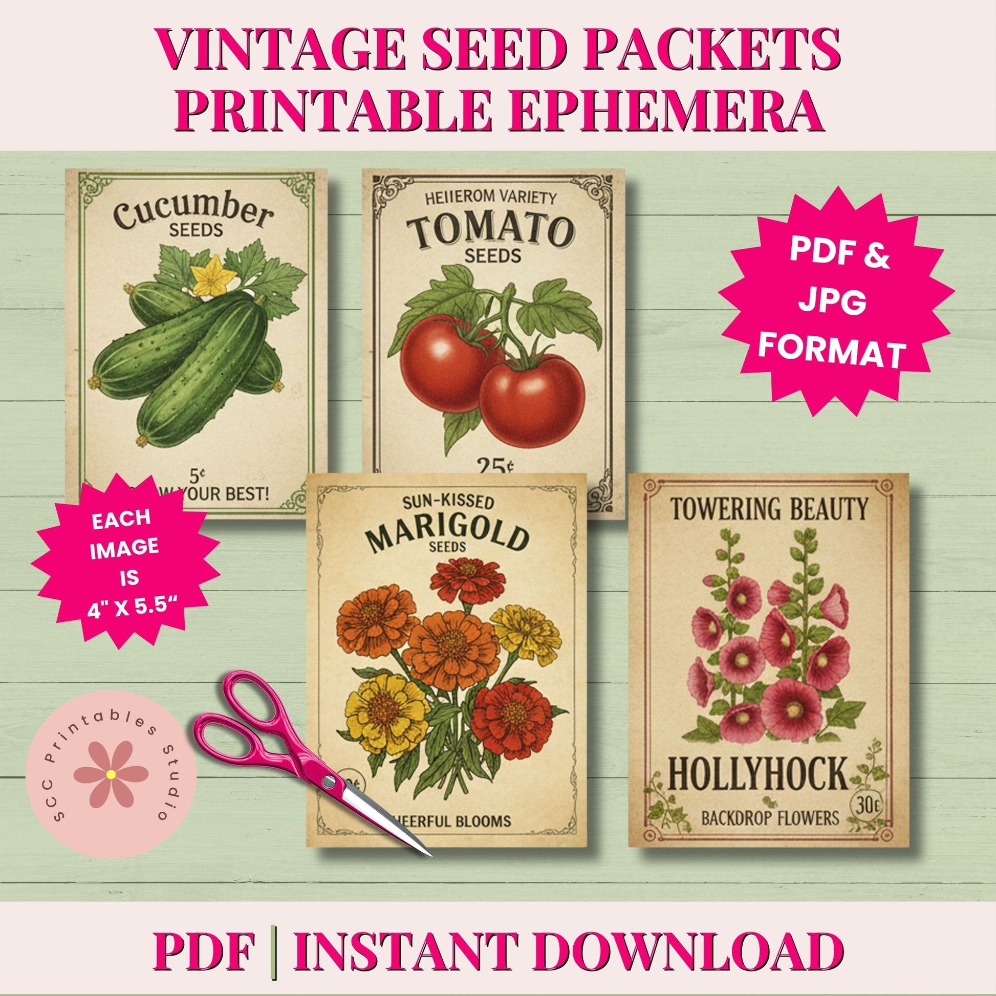 Vintage seed packet designs with illustrations of cucumbers, tomatoes, marigolds, and hollyhocks on a wooden background.