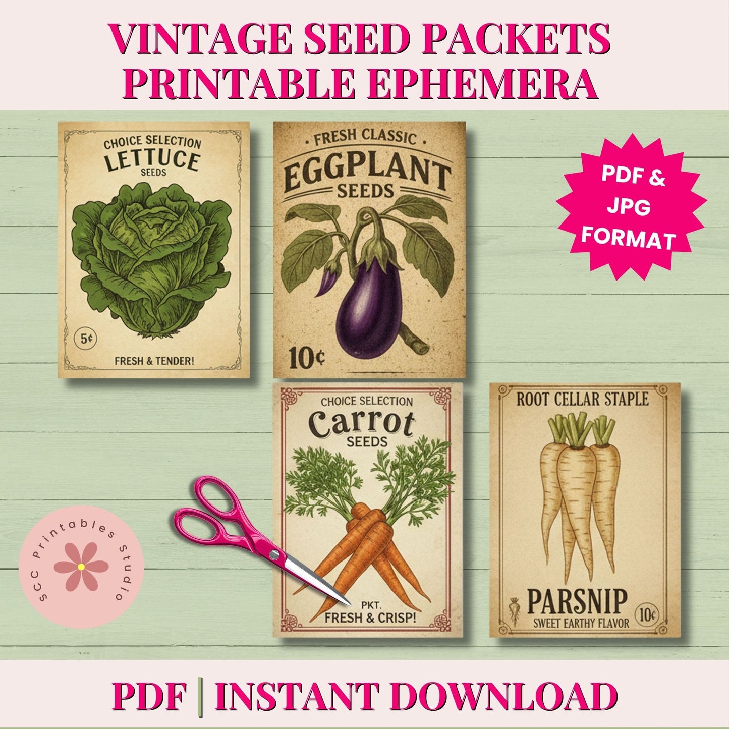 Vintage seed packet designs with vegetables on a wooden background, featuring scissors and text about printable ephemera.