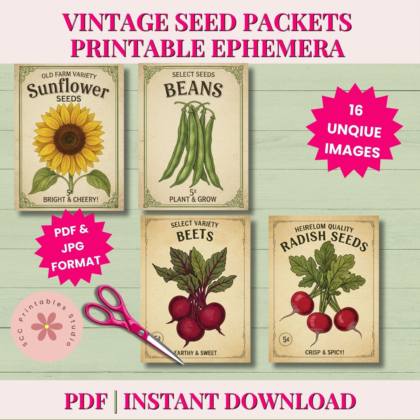 Vintage seed packet designs with sunflowers, beans, beets, and radishes on a wooden background.