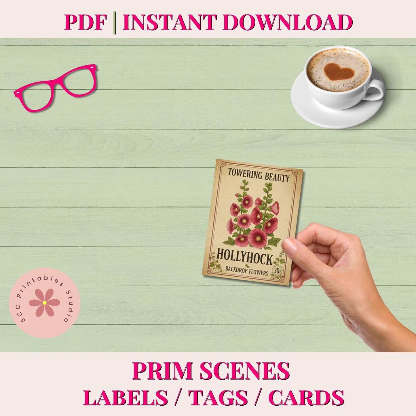 Hand holding a seed packet with a cup of coffee and glasses on a wooden surface, featuring text about PDF instant download and product categories.