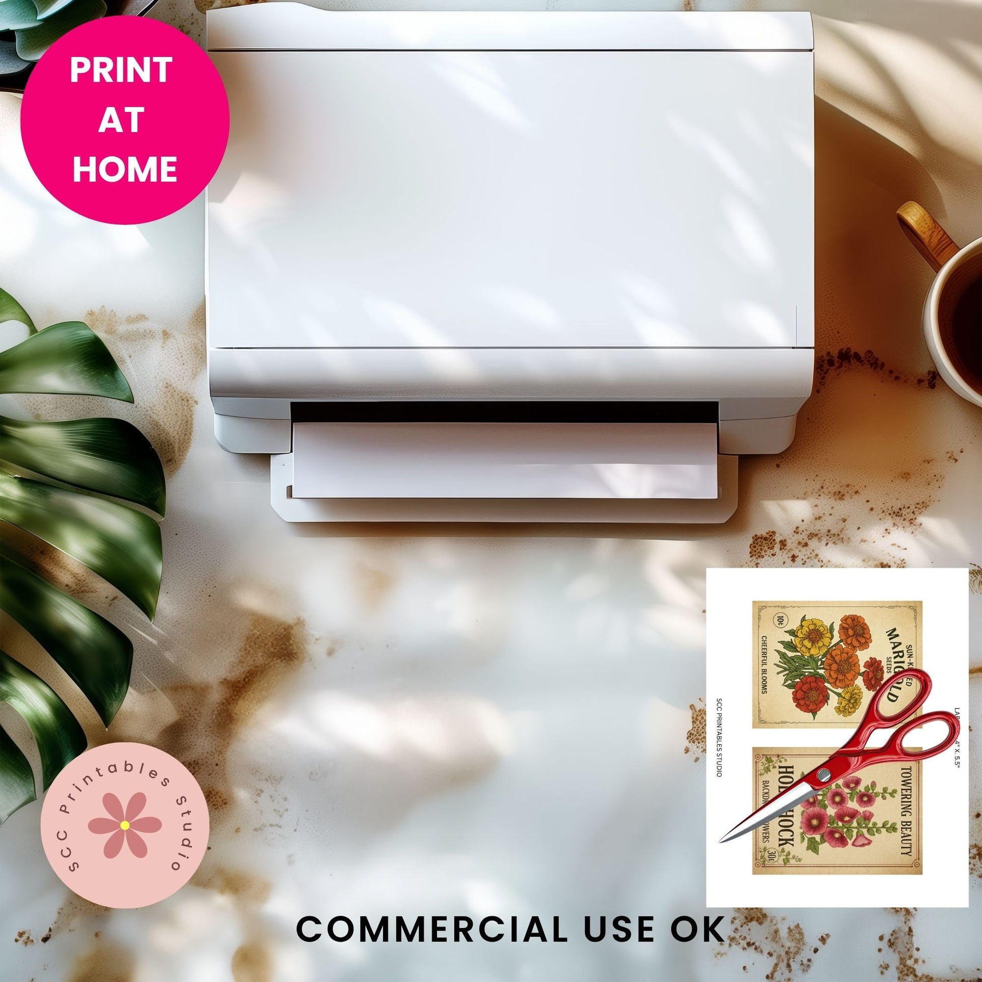 White printer on a marble surface with a cup of coffee and plant, promoting 'Print at Home' with 'CC Printables Studio' logo.