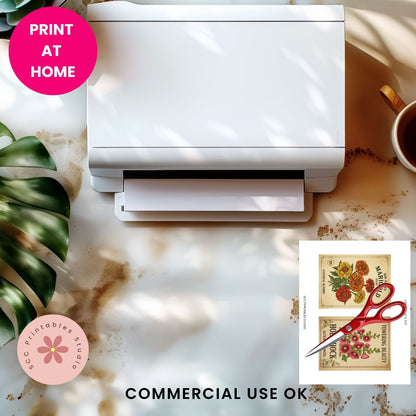 White printer on a marble surface with a cup of coffee and plant, promoting 'Print at Home' with 'CC Printables Studio' logo.