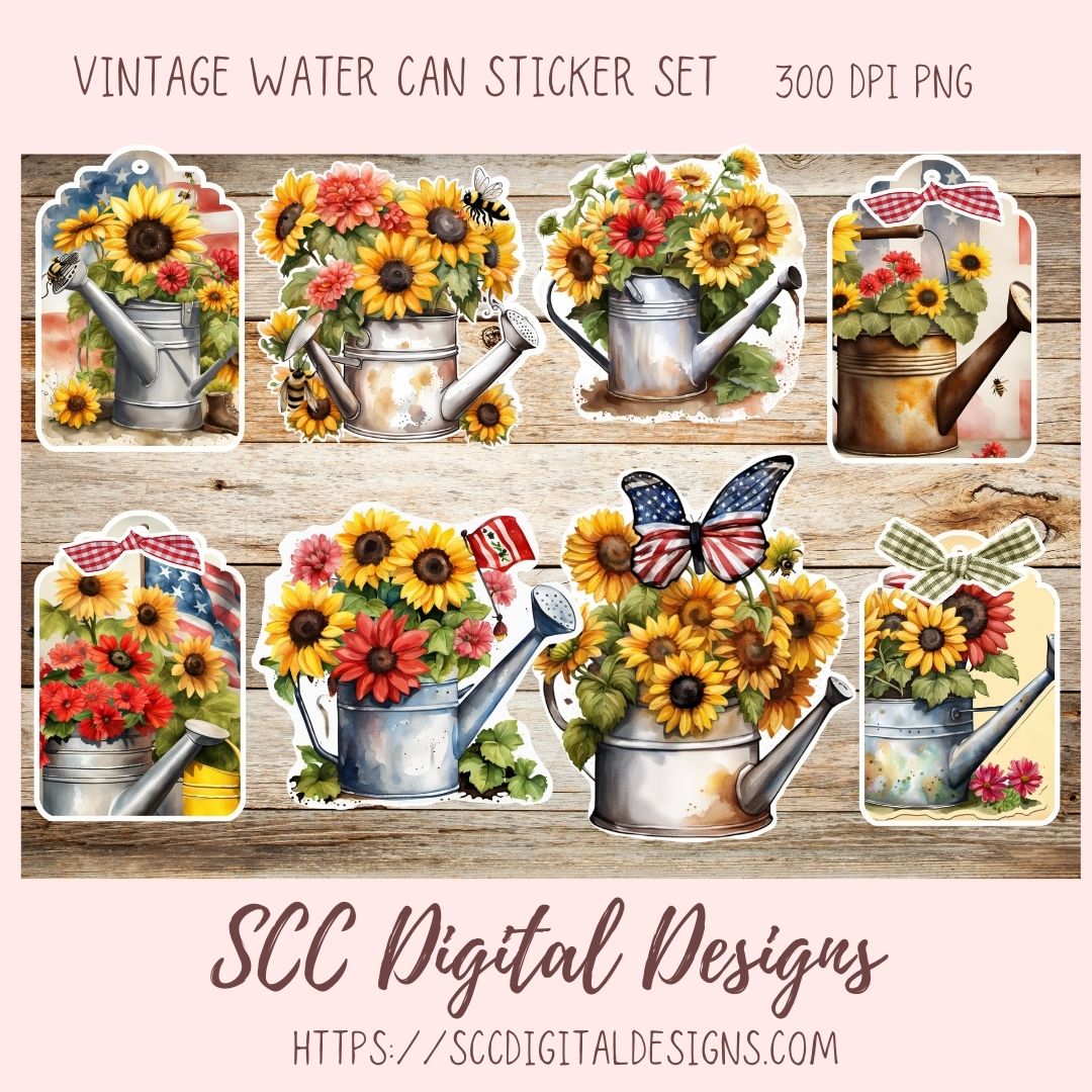 Spring PNG Bundle, Galvanized Water Can and Sunflowers Printable & Digital Sticker Clipart Images for Planner Accessories, Scrapbooking Elements