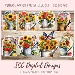 Spring PNG Bundle, Galvanized Water Can and Sunflowers Printable & Digital Sticker Clipart Images for Planner Accessories, Scrapbooking Elements