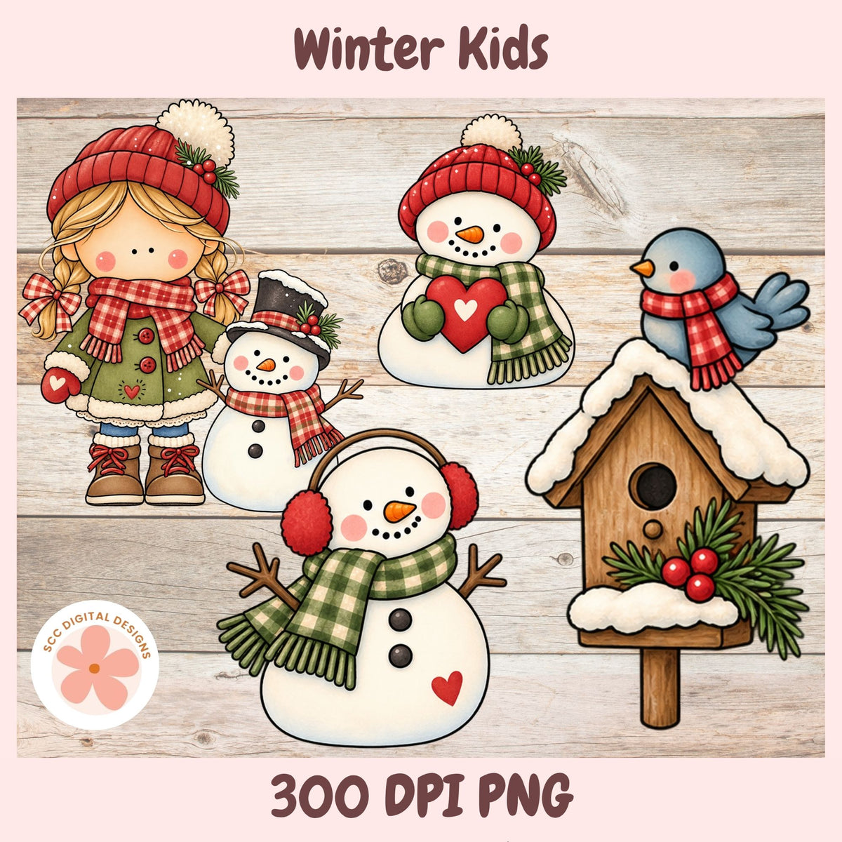 A digital clipart bundle titled 'Winter Kids' featuring cartoon illustrations of children, snowmen, a bird, and a birdhouse with red and green holiday accents on a light wood plank background. Text at the bottom reads '300 DPI PNG' and a circular logo says 'SECGDIGITAL DESIGNS'.