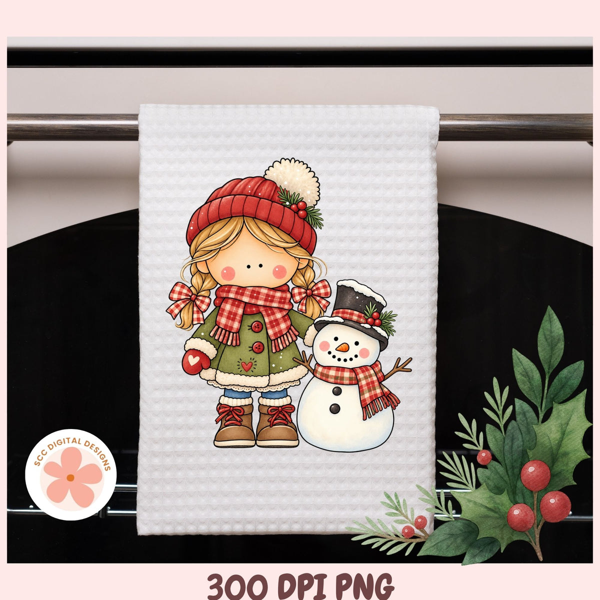A white waffle-knit kitchen towel hanging on a dark rack, printed with a cute holiday illustration of a young girl in a red knit hat and coat next to a snowman. The image includes decorative greenery in the lower right and a circular '300 DPI PNG' badge on the lower left.