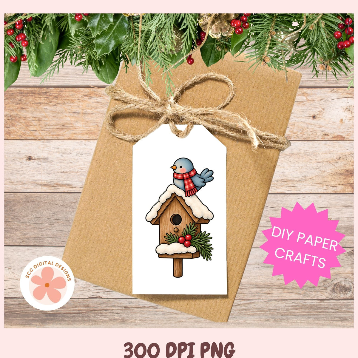 A kraft paper gift tag with a white hanging label featuring a winter birdhouse illustration with a blue bird and red scarf, tied with twine on a brown kraft envelope. The scene is styled with pine branches and red berries, with text reading 'DIY PAPER CRAFTS' and '300 DPI PNG'.