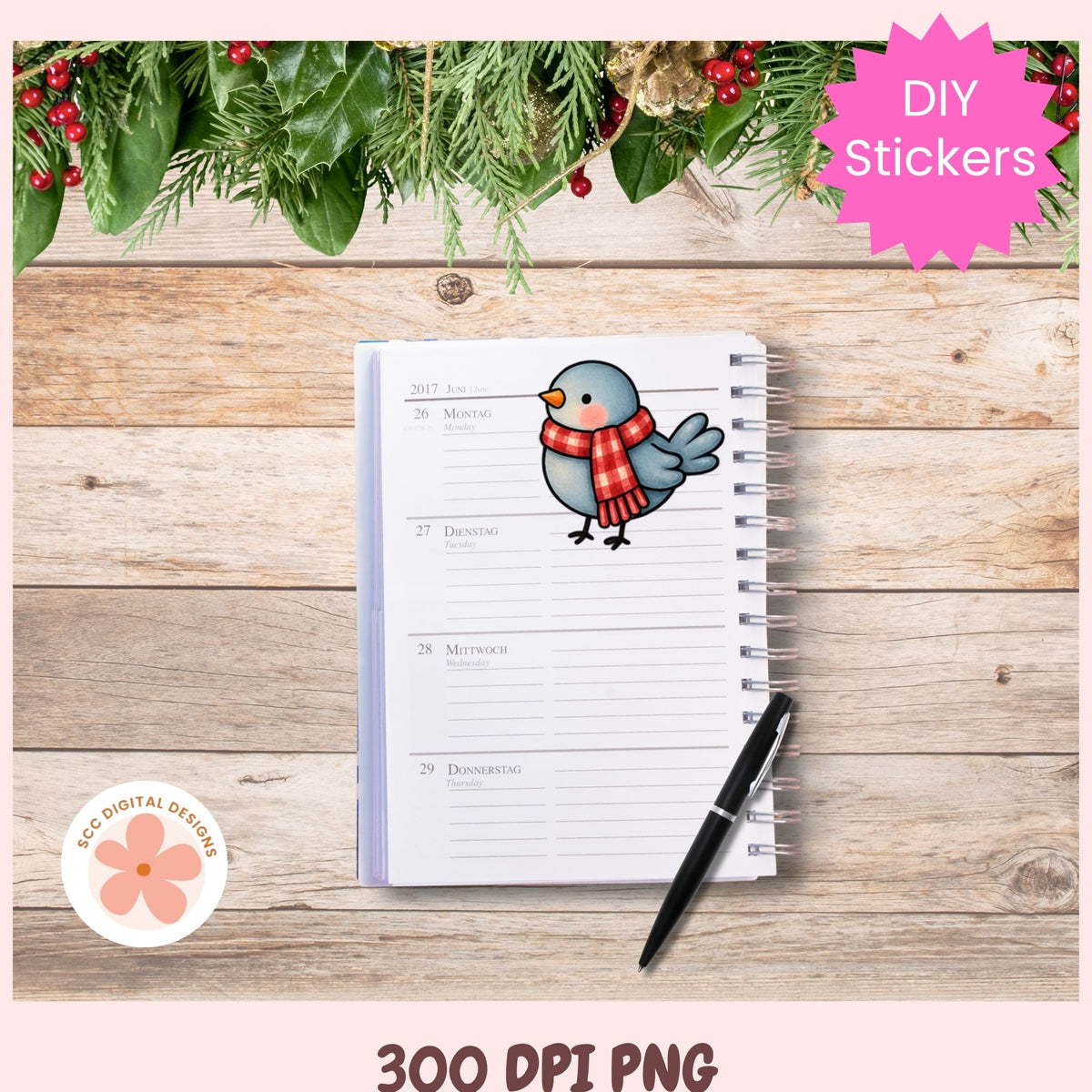 A weekly planner sticker sheet displayed on a wooden tabletop. The sticker features a cute blue bird wearing a red and orange plaid scarf.
