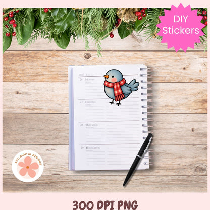 A weekly planner sticker sheet displayed on a wooden tabletop. The sticker features a cute blue bird wearing a red and orange plaid scarf.