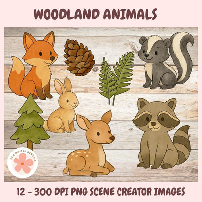 Cute Woodland Animals Clipart 12 - designs in 300 dpi png format