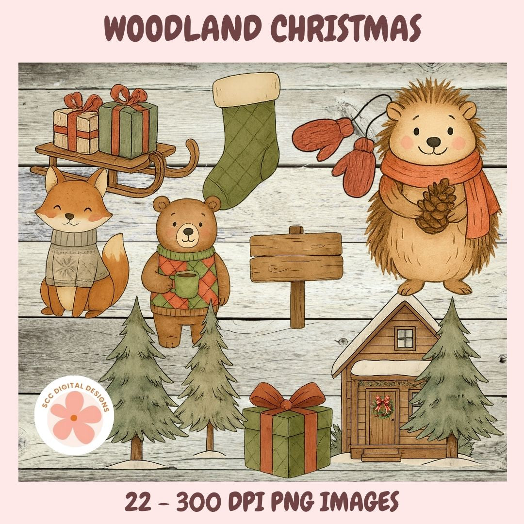 Digital clipart preview titled 'WOODLAND CHRISTMAS' showing a festive illustrated scene with a hedgehog, fox, bear, stocking, sled with gifts, pine trees, a cabin, and a wrapped gift on a whitewashed wood background. Text at the bottom reads '22 - 300 DPI PNG IMAGES' and a circular logo says 'DOC DIGITAL DESIGNS'.