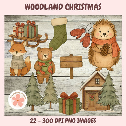 Digital clipart preview titled 'WOODLAND CHRISTMAS' showing a festive illustrated scene with a hedgehog, fox, bear, stocking, sled with gifts, pine trees, a cabin, and a wrapped gift on a whitewashed wood background. Text at the bottom reads '22 - 300 DPI PNG IMAGES' and a circular logo says 'DOC DIGITAL DESIGNS'.