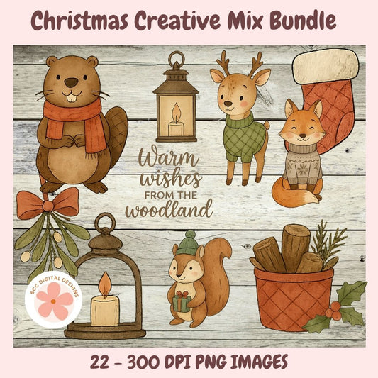 Digital clipart bundle preview titled 'Christmas Creative Mix Bundle' showing woodland holiday illustrations on a rustic wood background: a beaver in an orange scarf, a deer in a green sweater, a fox in a knit sweater, a stocking, lanterns with candles, mistletoe, logs, and text reading 'Warm wishes from the woodland' and '22 - 300 DPI PNG IMAGES'.
