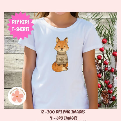 A child wearing a white short-sleeve T-shirt with a cartoon fox in a beige knit sweater on the chest, shown against a rustic wood background with holiday greenery and red berries. Text overlays read 'DIY KIDS T-SHIRTS' and '12 - 300 DPI PNG IMAGES 4 - JPG IMAGES'.