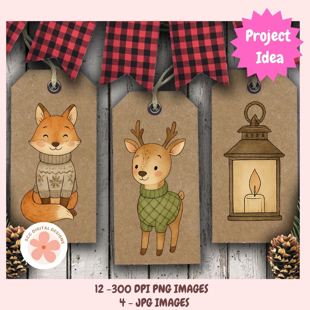 A digital graphic design preview showing three kraft paper hang tags with winter illustrations: a fox in a beige sweater, a deer in a green sweater, and a lantern with a candle. Red buffalo plaid ribbon banners hang above, with pinecones at the bottom.