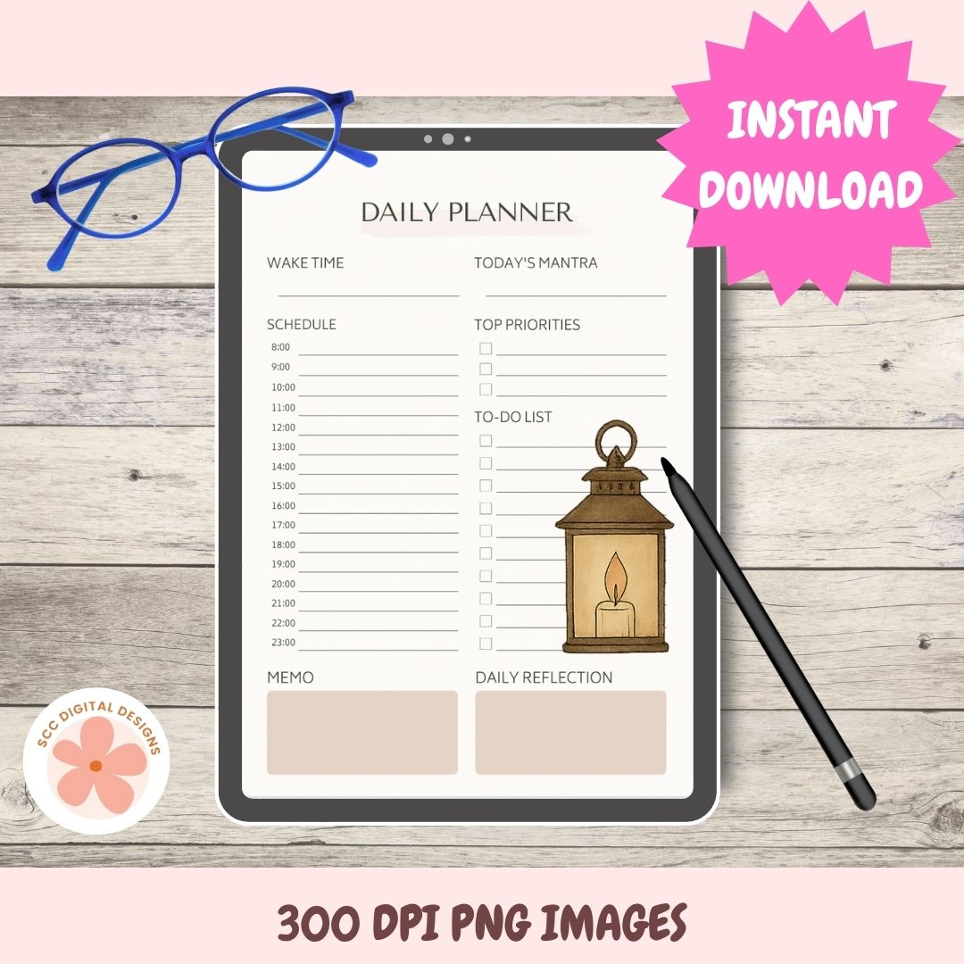 A digital daily planner printable shown on a tablet screen, styled on a light wood background with blue glasses, a black stylus, and a pink 'INSTANT DOWNLOAD' badge. The planner includes sections for wake time, today's mantra, schedule, to-do list, memo, and daily reflection, with a lantern illustration.