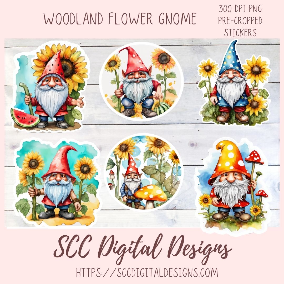 Sunflower Woodland Gnome Clipart Bundle 6 - 300 dpi png images