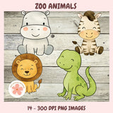 Four cartoon zoo animals on a wooden background with 'Zoo Animals' text at the top.