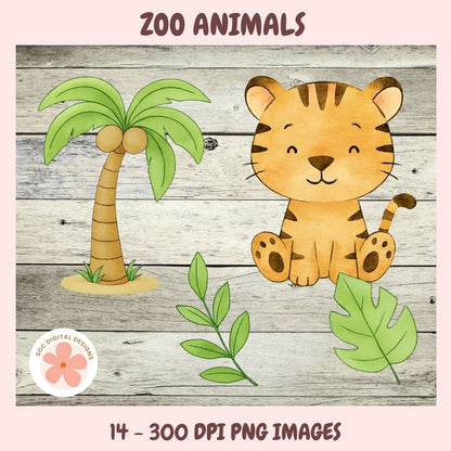 Safari Zoo Animals Clipart Set – Lion, Tiger, Monkey, Parrot, Elephant PNG for Commercial Use