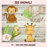 Safari Zoo Animals Clipart Set – Lion, Tiger, Monkey, Parrot, Elephant PNG for Commercial Use