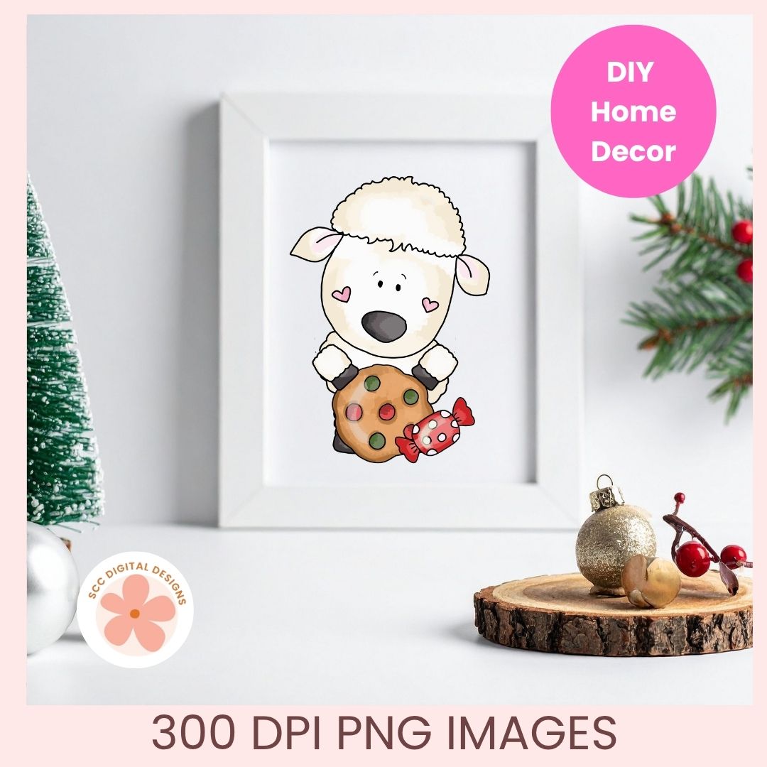 A framed cute cartoon sheep holding a cookie and candy, displayed on a tabletop with holiday decor props and text reading 'DIY Home Decor' and '300 DPI PNG IMAGES'.