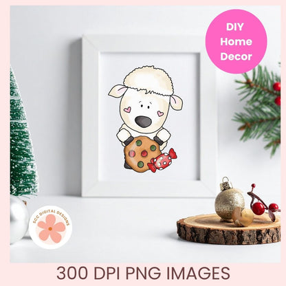 A framed cute cartoon sheep holding a cookie and candy, displayed on a tabletop with holiday decor props and text reading 'DIY Home Decor' and '300 DPI PNG IMAGES'.
