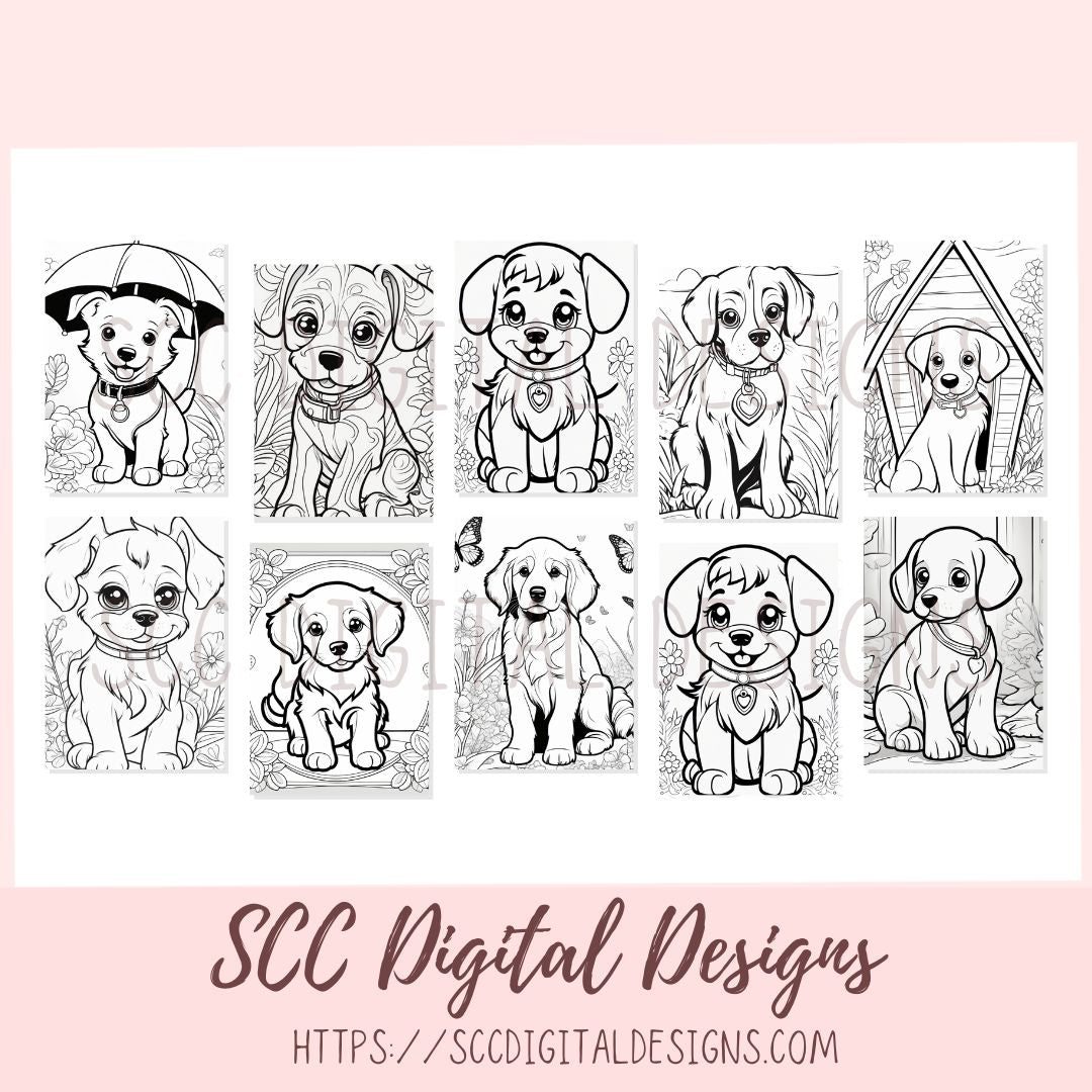 Dogs Printable Coloring Book for Kids and Adults, Print at Home Fun Color Pages for Boys and Girls, Homeschool Worksheet Activities