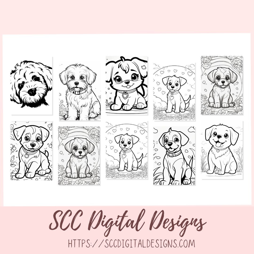 Dogs Printable Coloring Book for Kids and Adults, Print at Home Fun Color Pages for Boys and Girls, Homeschool Worksheet Activities
