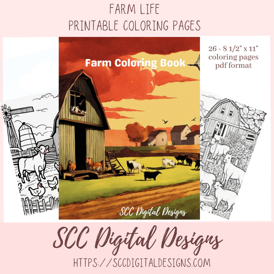 Coloring Book, Farm Animals Printable Coloring Pages for Kids and Adults, Relaxing Therapeutic & Creative Art, Animal Lover Gift, Horses, Cows, Sheep, Chickens, Goats, Rabbits, Farmer & Barns
