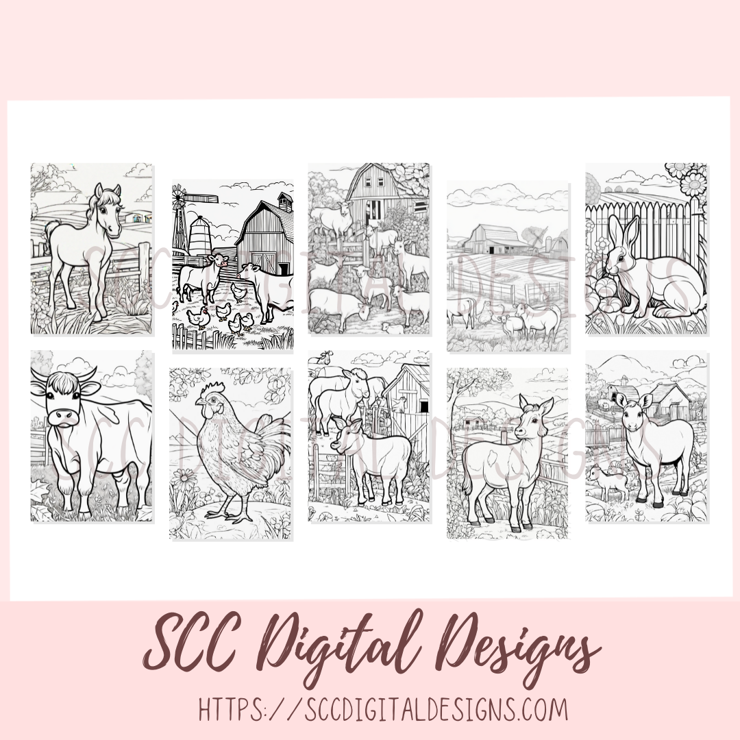 Coloring Book, Farm Animals Printable Coloring Pages for Kids and Adults, Relaxing Therapeutic & Creative Art, Animal Lover Gift, Horses, Cows, Sheep, Chickens, Goats, Rabbits, Farmer & Barns