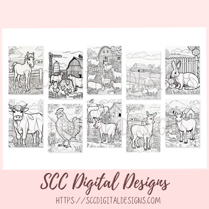 Coloring Book, Farm Animals Printable Coloring Pages for Kids and Adults, Relaxing Therapeutic & Creative Art, Animal Lover Gift, Horses, Cows, Sheep, Chickens, Goats, Rabbits, Farmer & Barns