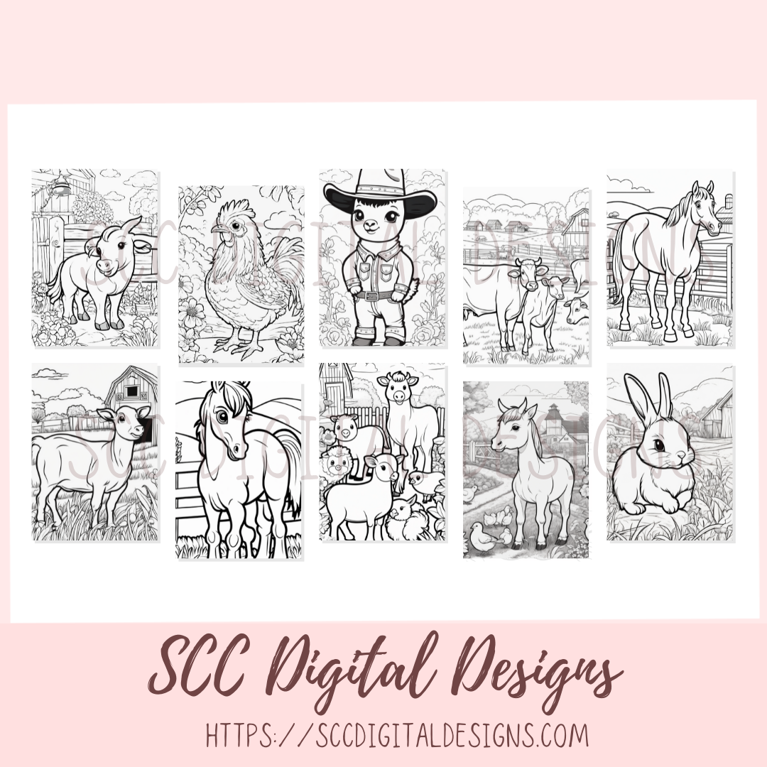 Coloring Book, Farm Animals Printable Coloring Pages for Kids and Adults, Relaxing Therapeutic & Creative Art, Animal Lover Gift, Horses, Cows, Sheep, Chickens, Goats, Rabbits, Farmer & Barns