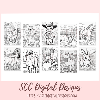 Coloring Book, Farm Animals Printable Coloring Pages for Kids and Adults, Relaxing Therapeutic & Creative Art, Animal Lover Gift, Horses, Cows, Sheep, Chickens, Goats, Rabbits, Farmer & Barns