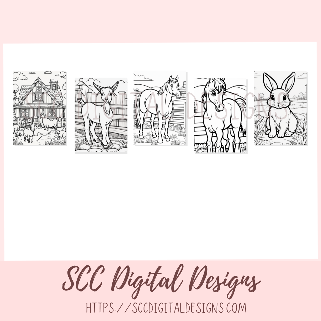 Coloring Book, Farm Animals Printable Coloring Pages for Kids and Adults, Relaxing Therapeutic & Creative Art, Animal Lover Gift, Horses, Cows, Sheep, Chickens, Goats, Rabbits, Farmer & Barns