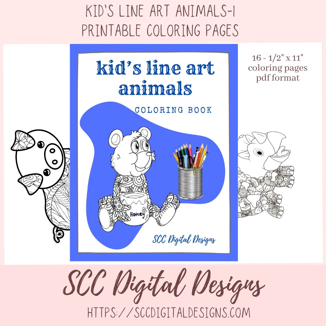 Kid's Line Art Animals Coloring Book Printable Pages, Creative Art Therapy for Kids & Adults, Homeschool Activity  Resources