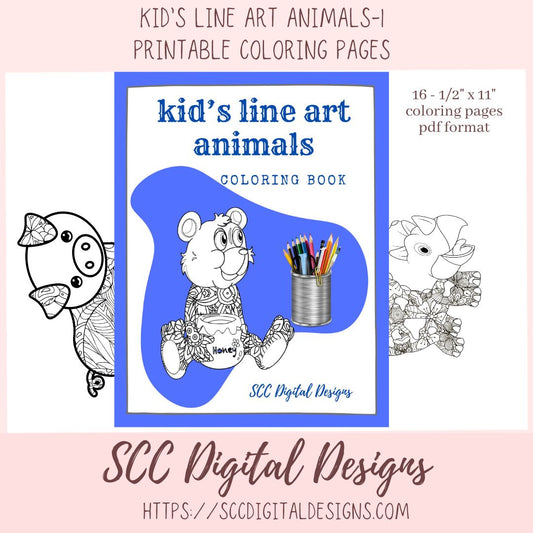 Kid's Line Art Animals Coloring Book Printable Pages, Creative Art Therapy for Kids & Adults, Homeschool Activity  Resources
