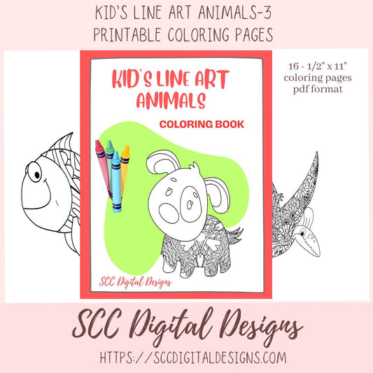 Kid's Line Art Animals Coloring Book Printable Pages, Creative Art Therapy for Kids & Adults, Homeschool Activity  Resources