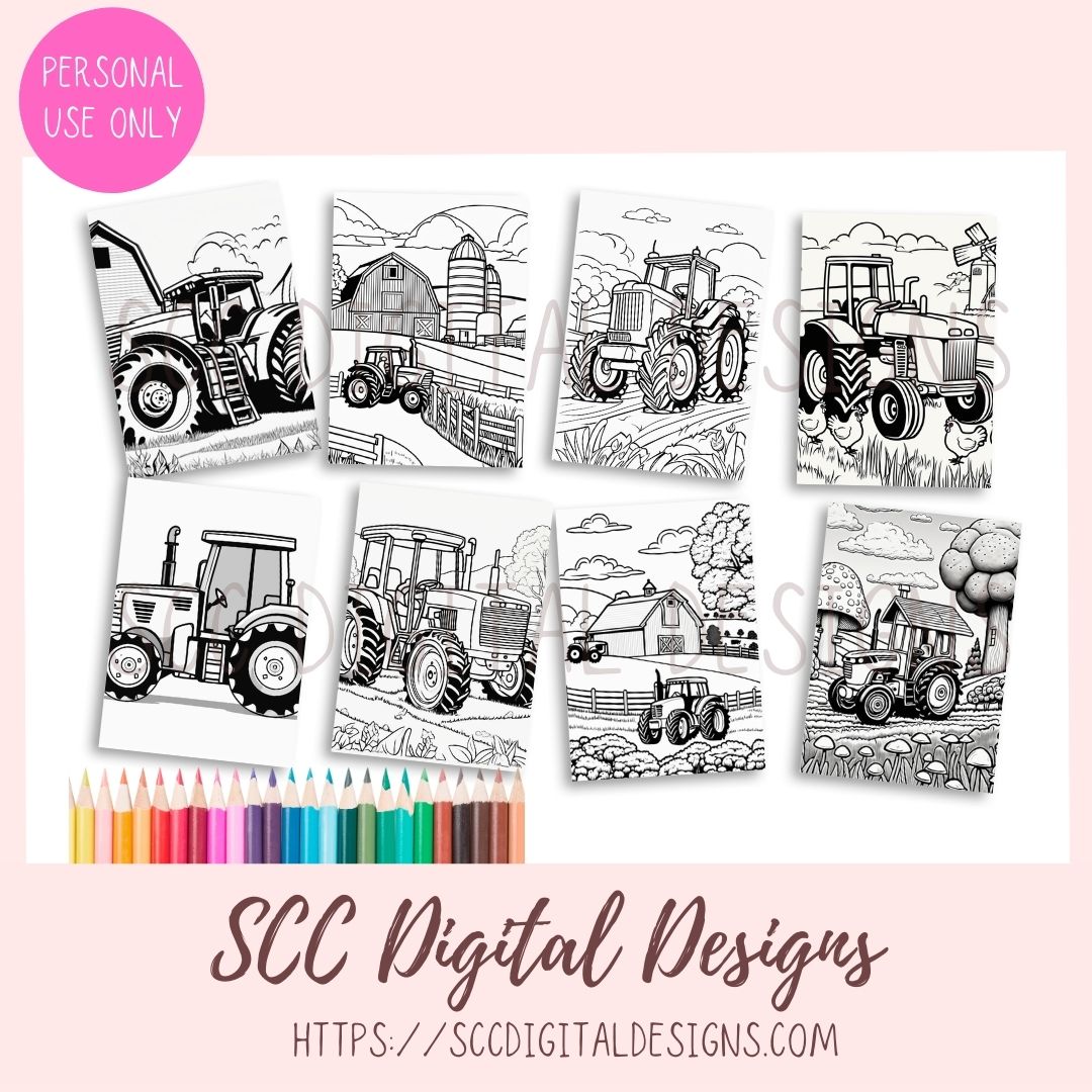 Farm Tractors Coloring Pages, Print at Home for Kids and Adults, Relaxing Therapeutic & Creative, Instant Download Printable Coloringbook